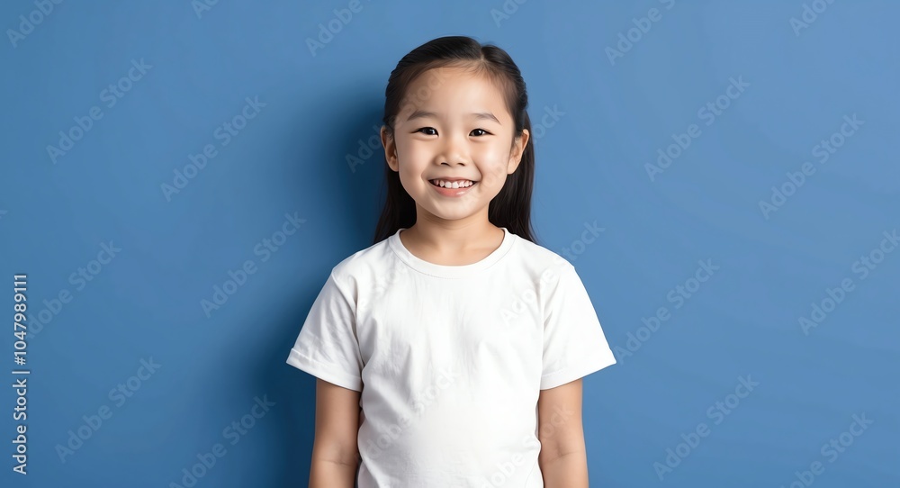 east asian kid girl blue background wearing plain white tshirt smiling happy portrait east asian kid girl blue background wearing plain white tshirt smiling happy portrait