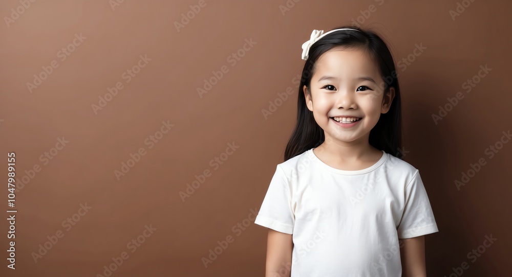 east asian kid girl brown background wearing plain white tshirt smiling happy portrait east asian kid girl brown background wearing plain white tshirt smiling happy portrait