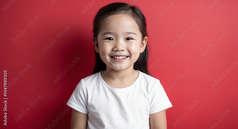 east asian kid girl red background wearing plain white tshirt smiling happy portrait east asian kid girl red background wearing plain white tshirt smiling happy portrait