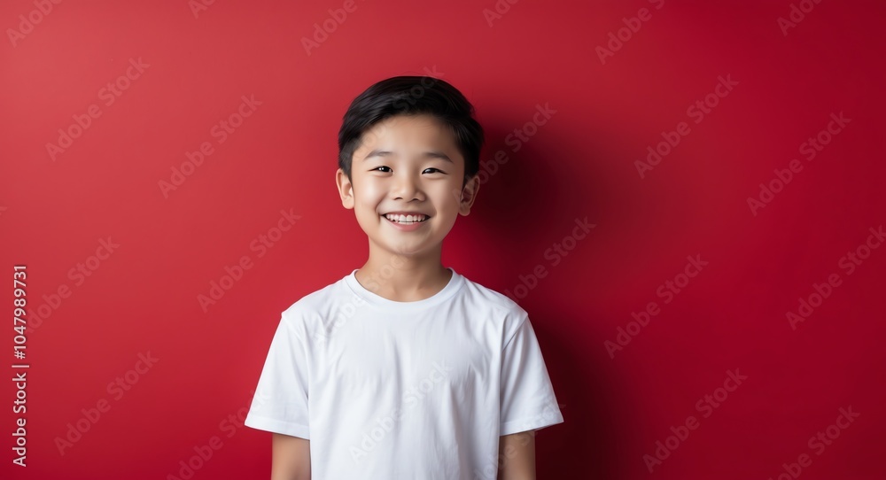 east asian teen boy red background wearing plain white tshirt smiling happy portrait east asian teen boy red background wearing plain white tshirt smiling happy portrait