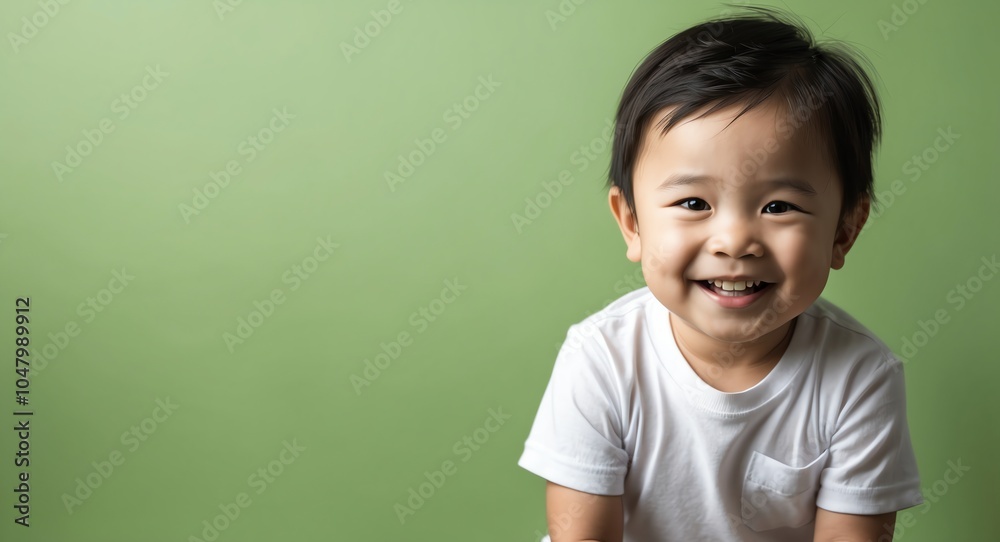 east asian toddler boy green background wearing plain white tshirt smiling happy portrait