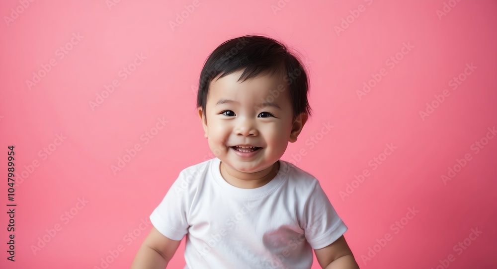 east asian toddler boy pink background wearing plain white tshirt smiling happy portrait east asian toddler boy pink background wearing plain white tshirt smiling happy portrait