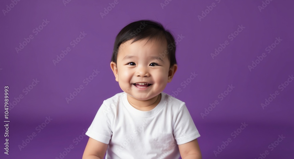 east asian toddler boy purple background wearing plain white tshirt smiling happy portrait east asian toddler boy purple background wearing plain white tshirt smiling happy portrait