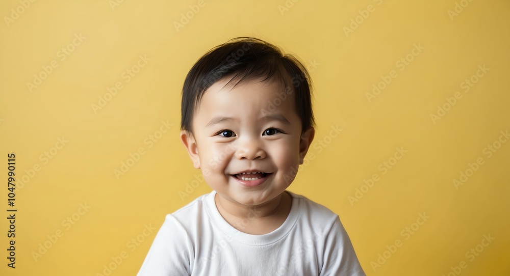 east asian toddler boy yellow background wearing plain white tshirt smiling happy portrait east asian toddler boy yellow background wearing plain white tshirt smiling happy portrait