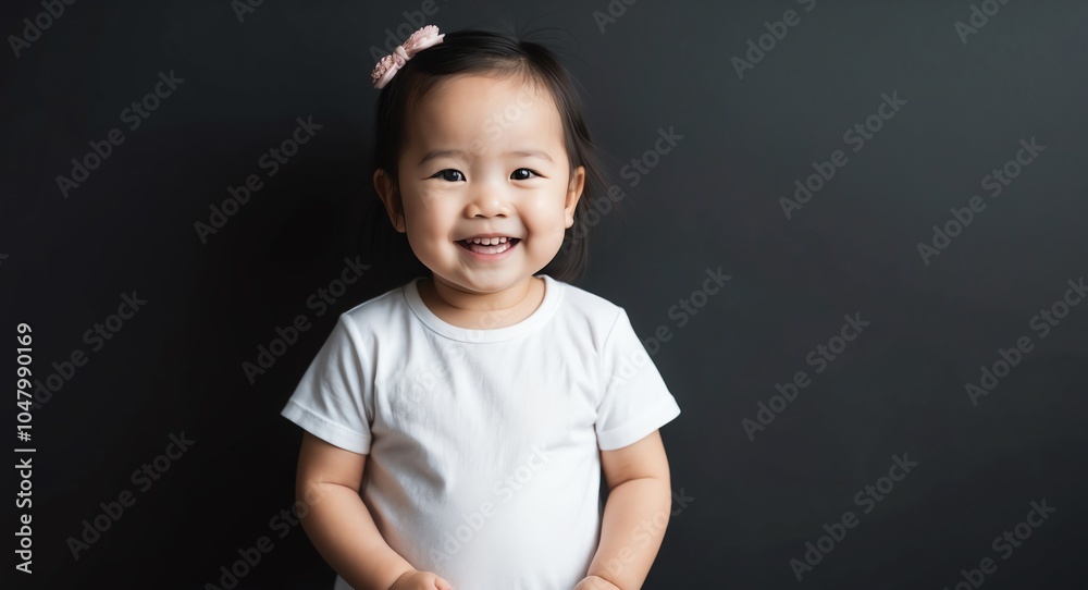 east asian toddler girl black background wearing plain white tshirt smiling happy portrait east asian toddler girl black background wearing plain white tshirt smiling happy portrait