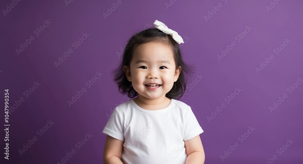 east asian toddler girl purple background wearing plain white tshirt smiling happy portrait east asian toddler girl purple background wearing plain white tshirt smiling happy portrait