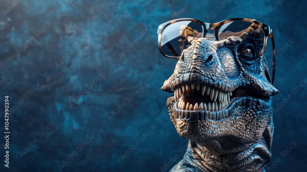 Obraz premium T-rex Funny Silly Crazy Happy Laughing Funny Funny Face, wearing glasses, dark blue background