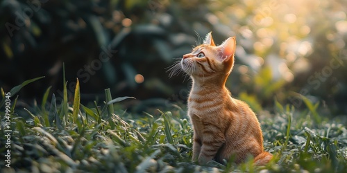 a cat sitting in the grass looking up