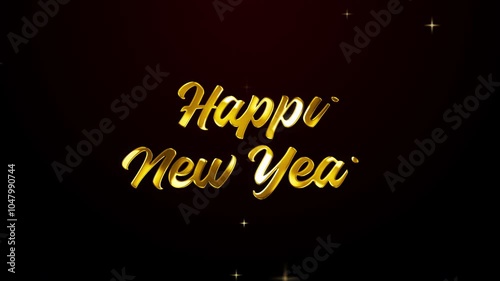 Happy New Year Gold Text with Starry Dark Red Background