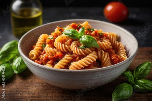 a close up of fusilli pasta with rich red tomato sauce
