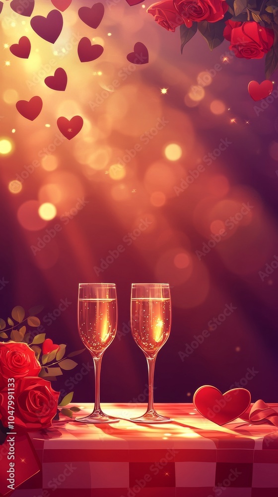 Illustration a red background with roses, ribbons, locate on table with champage glass for a Valentine's Day celebration Illustration a red background with roses, ribbons, locate on table with champage glass for a Valentine's Day celebration