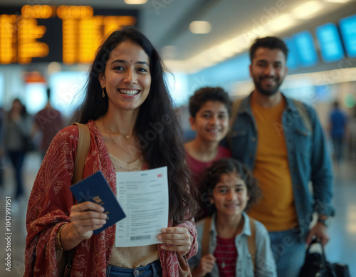 Indian family  holding passport in the airport