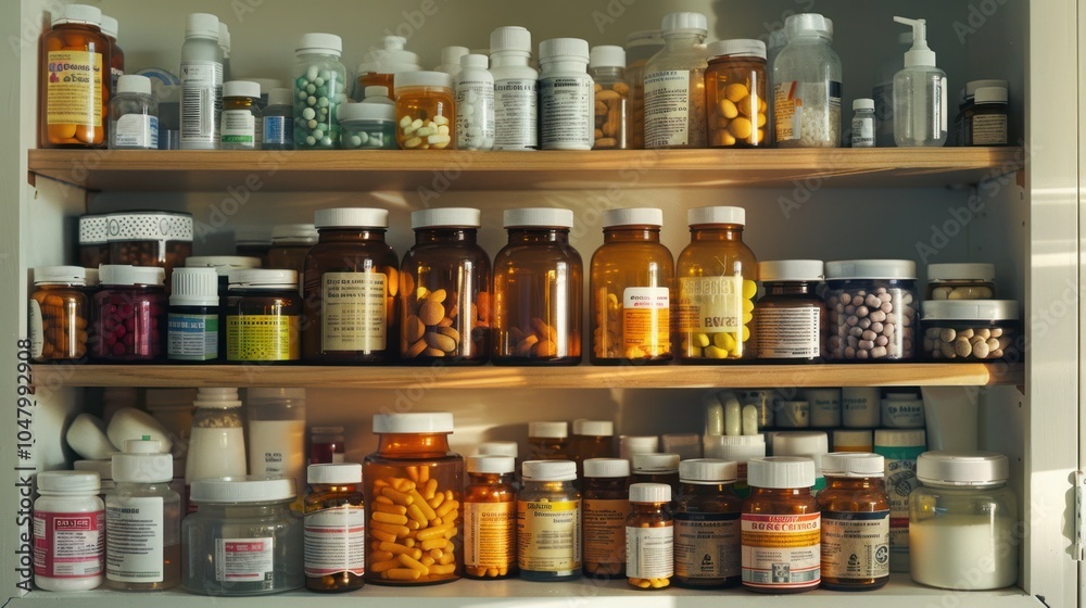 A Close-Up View of a Medicine Cabinet Filled with Various Pills and Bottles