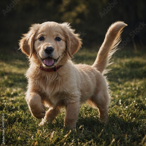 A playful golden retriever puppy with a wagging tail and a curious look.

 photo