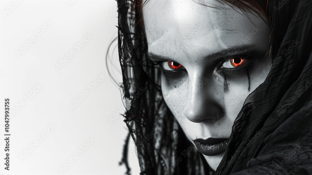 Mysterious woman with piercing red eyes in dark gothic attire, intense gaze