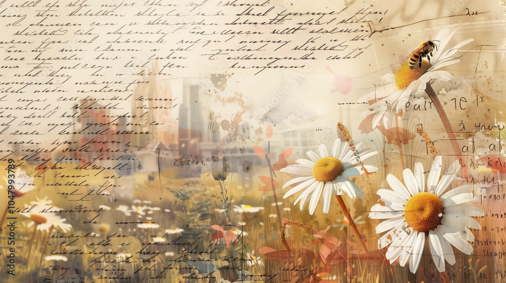 Fototapeta premium Artistic collage of daisies, bees, and handwritten script with a blurred cityscape in the background