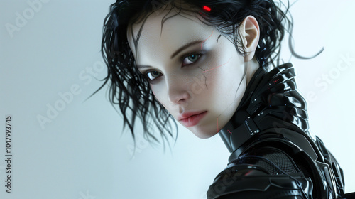 Close-up portrait of a futuristic cyborg woman with piercing gaze, sleek cybernetic design, and glowing elements photo