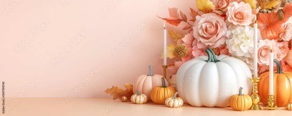 Autumn floral pumpkin arrangement for cozy background concept. A serene autumn arrangement featuring pumpkins decorative candles and soft floral elements against a pastel backdrop Autumn floral pumpkin arrangement for cozy background concept. A serene autumn arrangement featuring pumpkins decorative candles and soft floral elements against a pastel backdrop