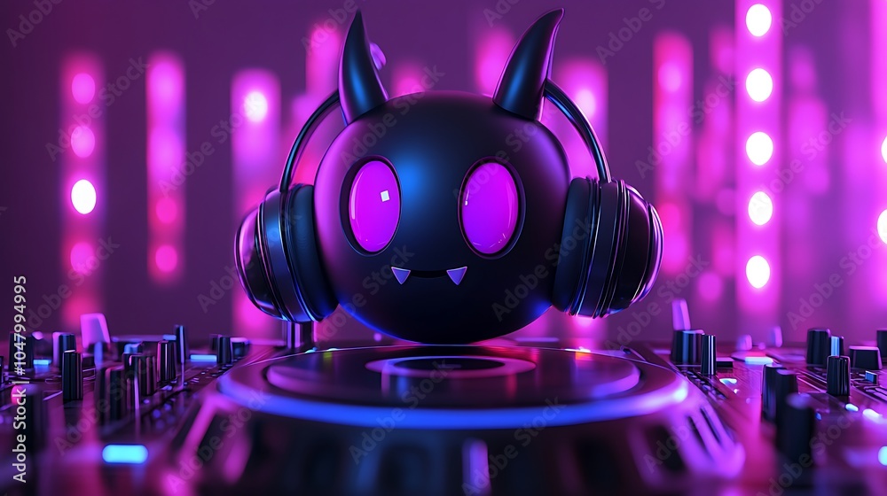Fototapeta premium Cute Devil DJ with Headphones and Neon Lights on a Mixer.