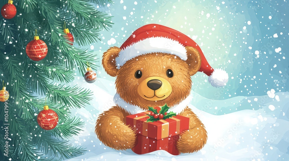 Teddy bear in Santa Claus hatt and giftt box in hand and Christmas tree. Isolated vector illustration for postcard. Card with bear on Christmas day, Merry Christmas and Happy new year Teddy bear in Santa Claus hatt and giftt box in hand and Christmas tree. Isolated vector illustration for postcard. Card with bear on Christmas day, Merry Christmas and Happy new year