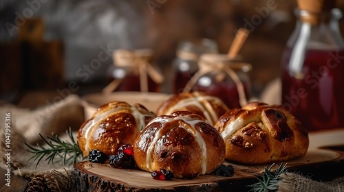 Warm cross buns on a rustic oak backdrop with raisin and jelly