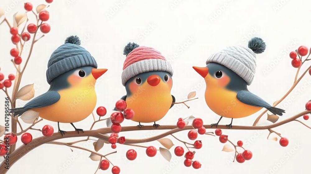 3d cartoon style winter season, cute winter birds in hats sitting on a tree brunch with red berries on it, isolated white background