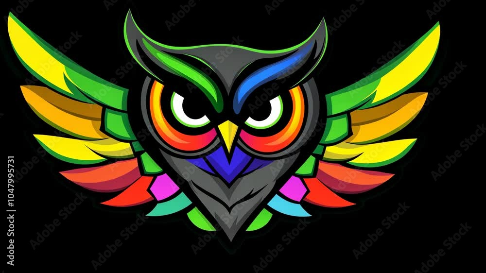 A colorful owl with spread wings is shown against a black background