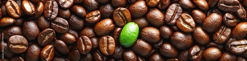 Unique Green Coffee Bean Among Roasted Coffee Beans Background | Discover the Beauty in Contrast, Coffee, Green, Roasted, Texture, Close-up, Unroasted, Variety