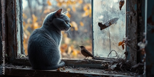 a cat sitting on a window sie looking at a bird photo