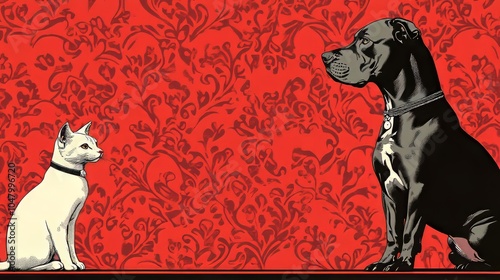 Black Dog and White Cat Facing Each Other on Red Floral Background