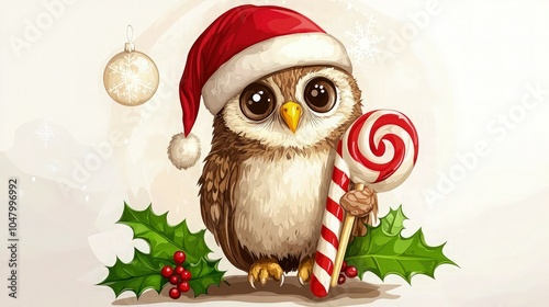 High quality original trendy vector illustration of a cute christmas owl in santa hat and christmas cane lollipop and holly