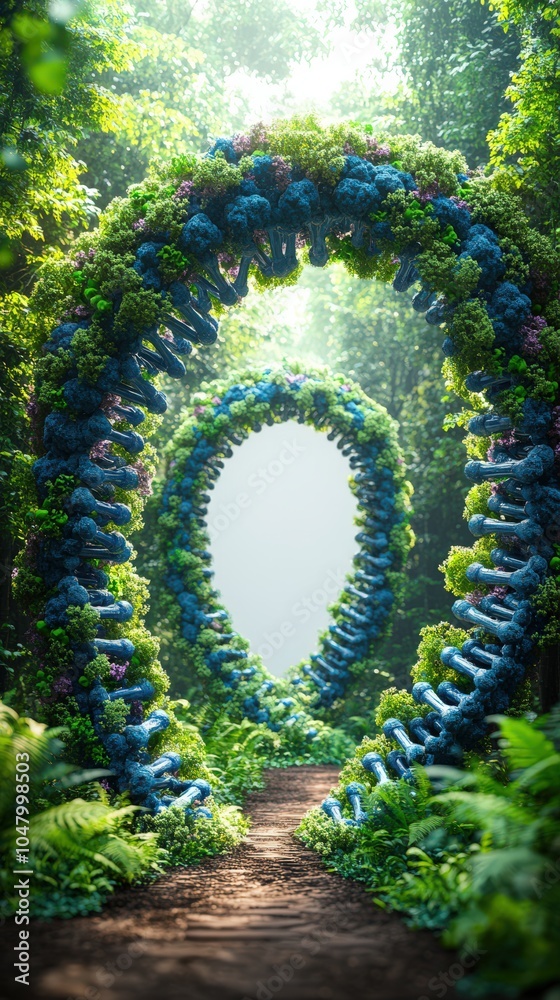 Enchanting Forest Pathway with Vibrant Floral Arches, Sunlight Peeking Through Greenery, Mystical Garden Portal, Nature's Beauty and Serenity in Lush Woodland Enchanting Forest Pathway with Vibrant Floral Arches, Sunlight Peeking Through Greenery, Mystical Garden Portal, Nature's Beauty and Serenity in Lush Woodland