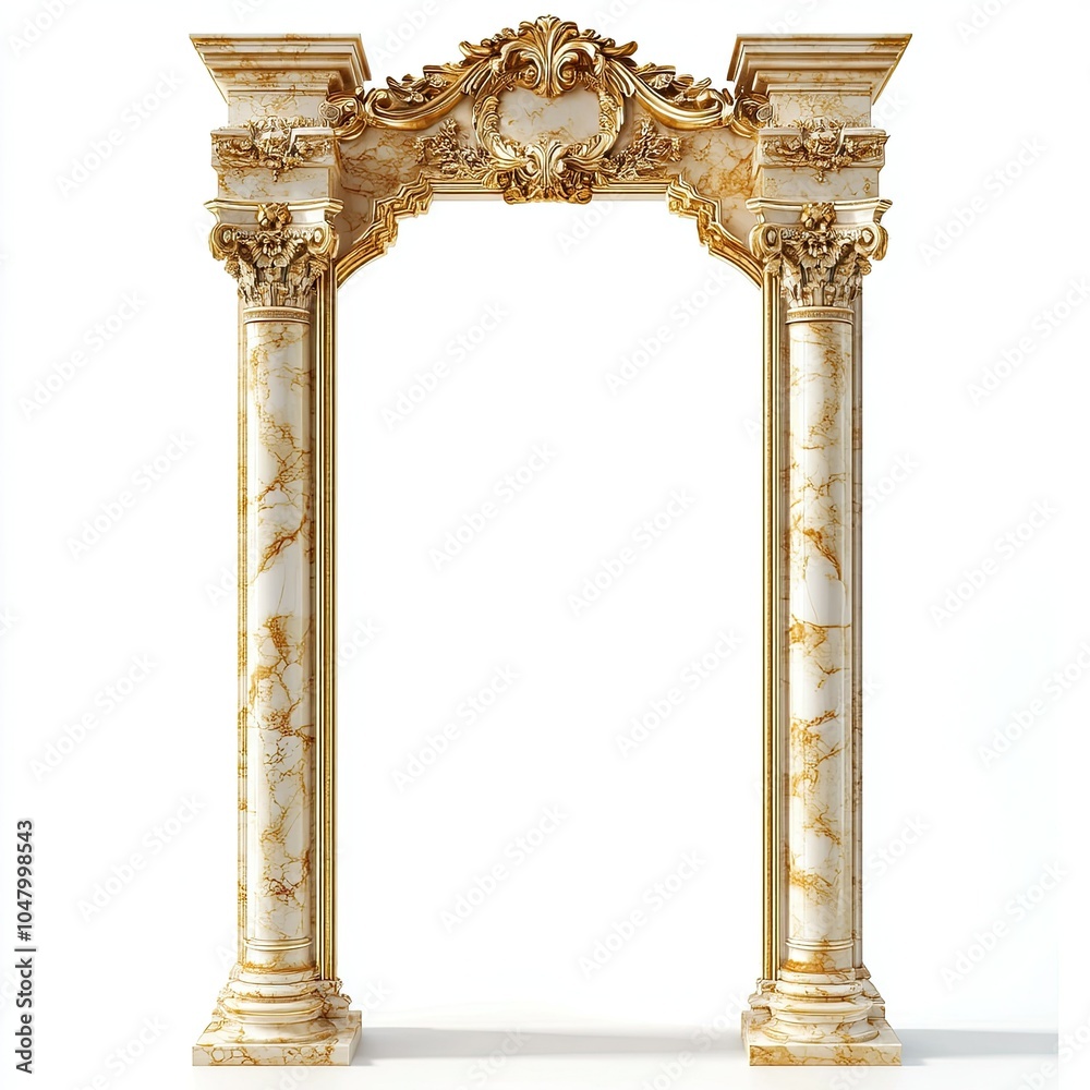 Naklejka premium luxury tall yellow marble frame with gold intricate carving and line on white background 