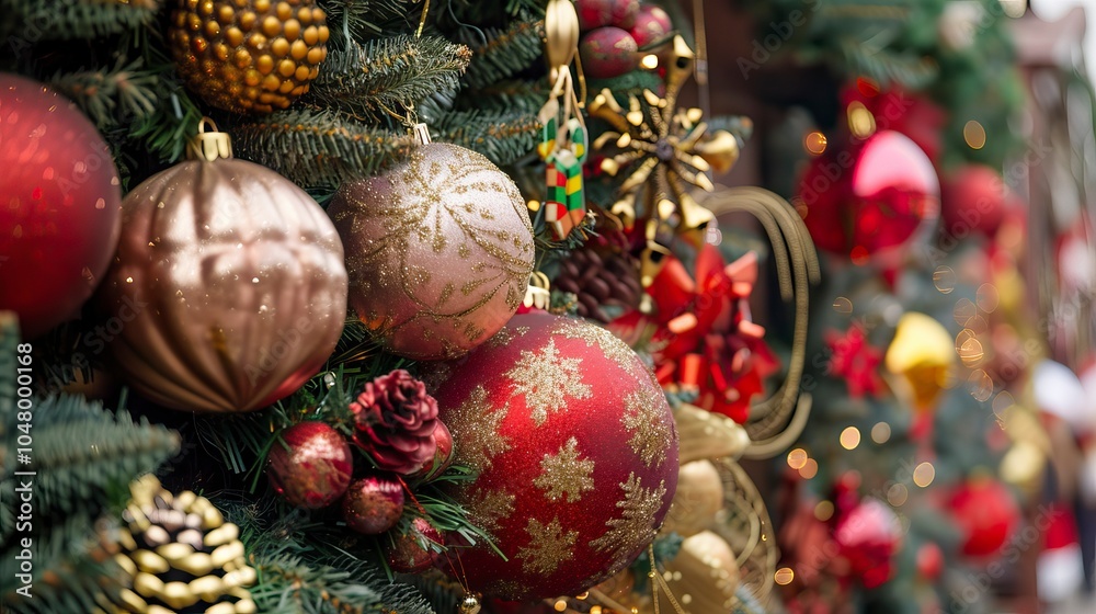 Naklejka premium christmas decoration tree in the shop, winter street market in Europe, Crowd in the mall 