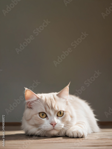 A cat sits against a plain background