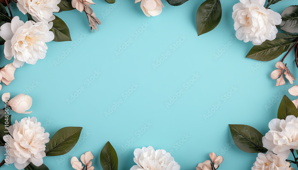 Obraz premium A beautiful arrangement of pale flowers and green leaves on a vibrant turquoise background, creating a fresh and lively atmosphere.