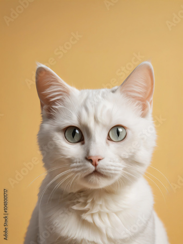 A cat sits against a plain background