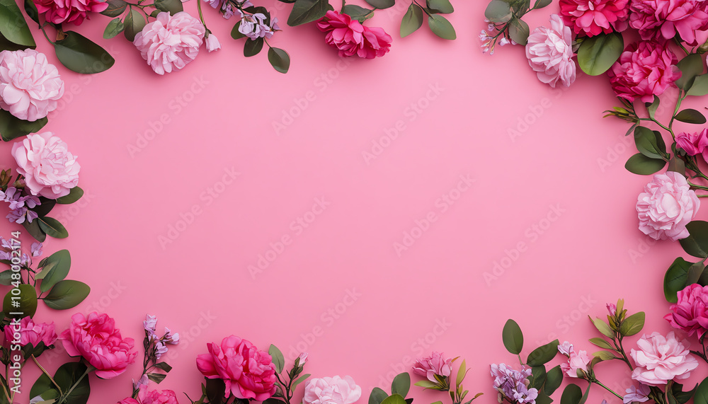 A beautiful arrangement of pink flowers and green leaves on a soft pink background, perfect for spring themes and floral designs.