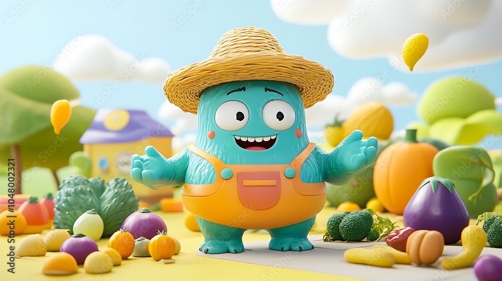 Fototapeta premium Happy Cartoon Monster Farmer with a Harvest of Fresh Vegetables.