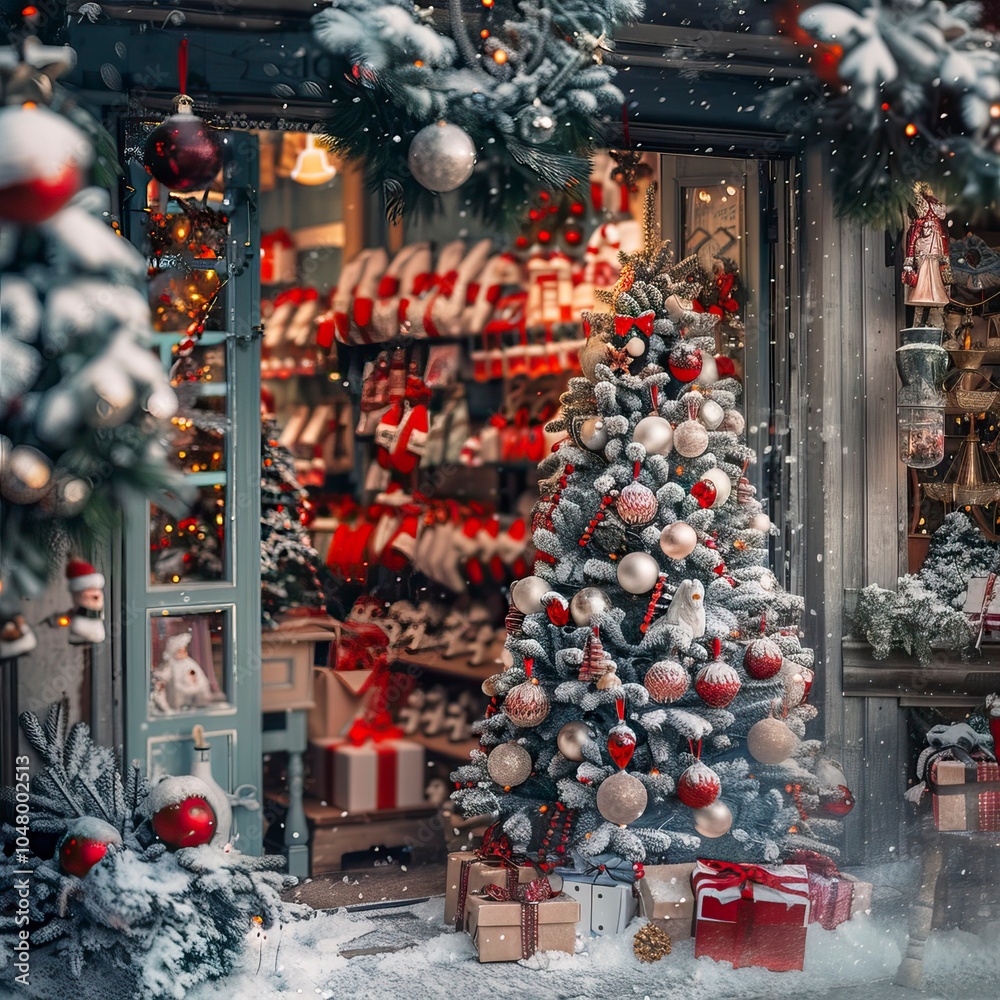 Naklejka premium christmas decoration tree in the shop, winter street market in Europe, Crowd in the mall 