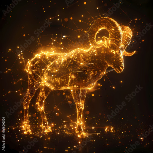 A powerful ram symbol representing the Aries zodiac, with strong, curled horns and a determined expression, embodying courage, energy, and leadership under the vibrant spring sky. photo