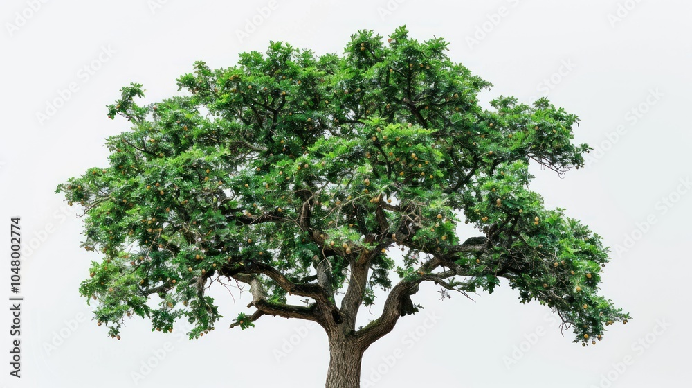 A Lush Green Tree with Brown Fruit and Twisted Branches Against a White Background A Lush Green Tree with Brown Fruit and Twisted Branches Against a White Background