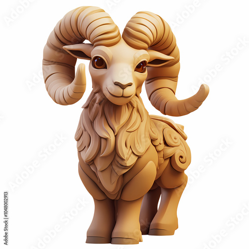 A powerful ram symbol representing the Aries zodiac, with strong, curled horns and a determined expression, embodying courage, energy, and leadership under the vibrant spring sky. photo