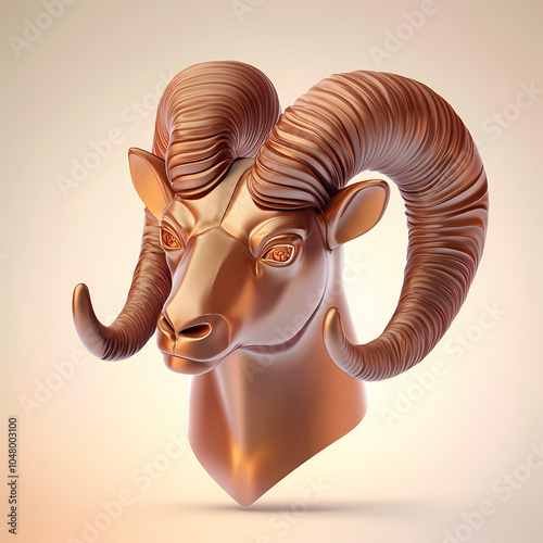 A powerful ram symbol representing the Aries zodiac, with strong, curled horns and a determined expression, embodying courage, energy, and leadership under the vibrant spring sky. photo