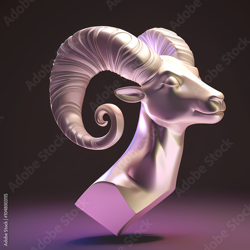 A powerful ram symbol representing the Aries zodiac, with strong, curled horns and a determined expression, embodying courage, energy, and leadership under the vibrant spring sky. photo