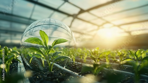 Green environmental inovation concept. Greenhouse dome in the middle of a desert landscape filled with vibrant plants, agricultural innovation, sustainability