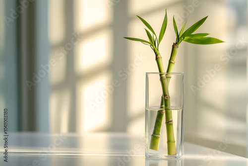 Bamboo stems in a clear vase by the window, creating a simple and natural home decor element