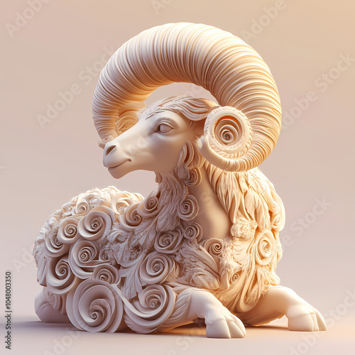 A powerful ram symbol representing the Aries zodiac, with strong, curled horns and a determined expression, embodying courage, energy, and leadership under the vibrant spring sky. photo