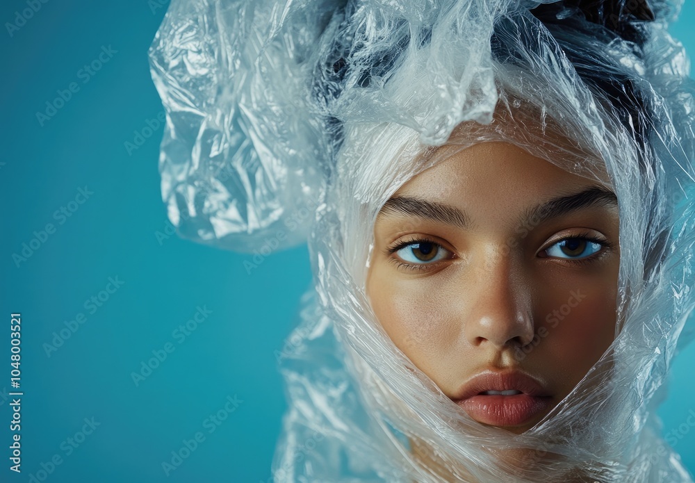 A beautiful woman with her head wrapped in plastic, posing for the camera, against a blue background. A beautiful woman with her head wrapped in plastic, posing for the camera, against a blue background.