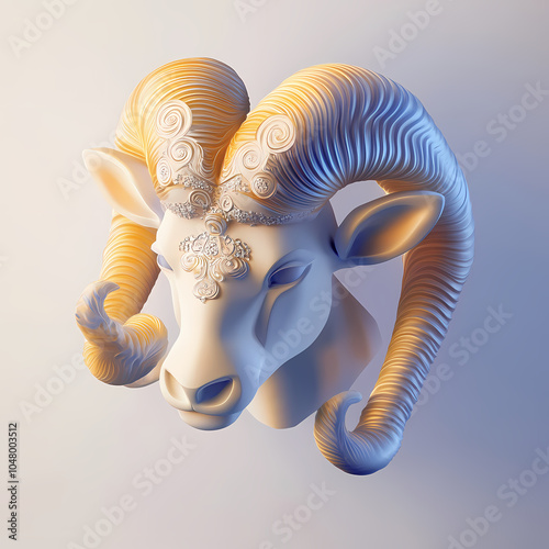 A powerful ram symbol representing the Aries zodiac, with strong, curled horns and a determined expression, embodying courage, energy, and leadership under the vibrant spring sky. photo